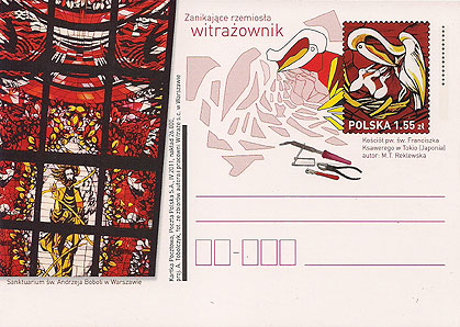 a postal card honoring the stained glass work of Terese Maria Reklewska
featuring her portray of Andrew Bobola at his shrine in Warsaw.